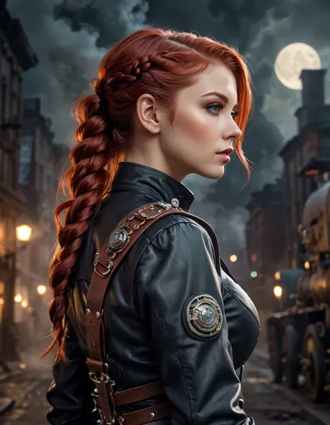 dieselpunk young woman, dieselpunk city at night, realistic, braided side hawk, looking back and from behind, blood red hair, gears, ancient technology, metal, moon shining through thick smoke, scene embroiled in smoke,