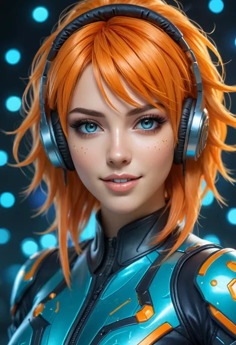 stunning nanopunk woman, (cyan and orange hair), wearing headphones, wearing a nanopunk outfit, an infectious smile, looking at viewer, hexagonal patterns in the background. style of Dan Mora, style of Masamune Shirow, style of Maciej Kuciara,