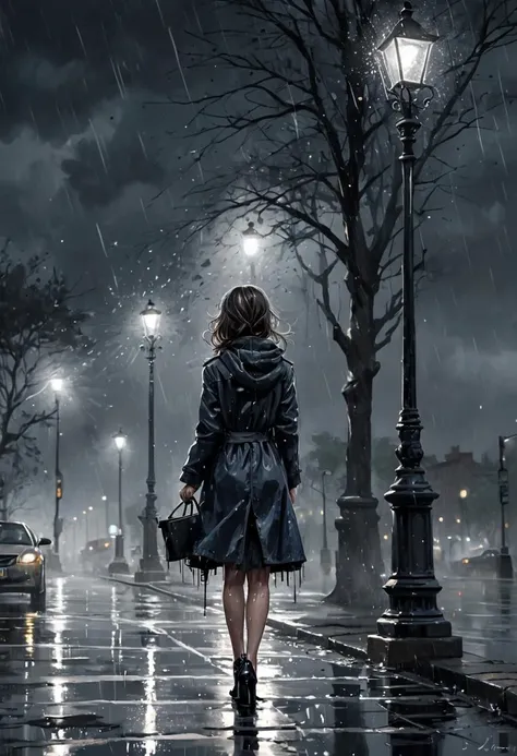 Ink illustration, inkpunk, inked, girl waiting, bleak, ink splashes, ink spots, ink smears, evoking loneliness and solitude, bold strokes, ink illustration, torrential thunderstorm, very windy, night, very dark, water splashing, water spraying, vision obscured, gray and black and dark blue tones, desolate, lamppost, puddles, distant headlights,