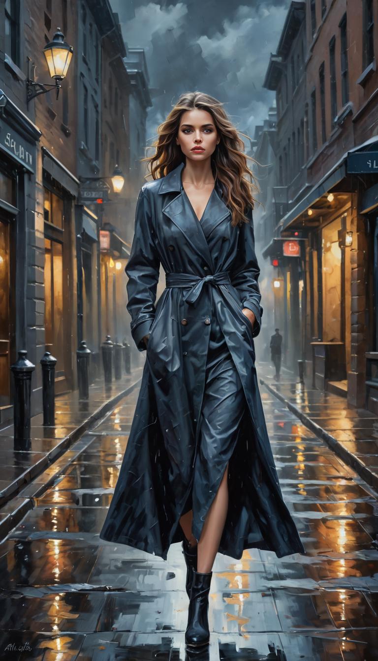 A woman in a black trench coat walking down a wet street - SeaArt AI