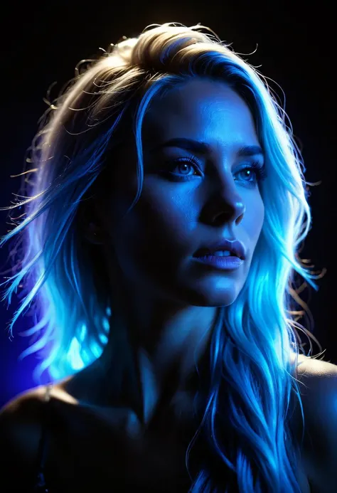 [Core Concept] A cinematic full body silhouette of a captivating Russian woman set against a vibrant turquoise backdrop.

[Character Description] The woman's profile is showcased, her voluminous white hair cascading around her serene, calm expression. Her eyes are slightly open, lending an introspective and alluring gaze.

[Environment/Background] The turquoise backdrop creates a vivid, otherworldly setting, accentuated by the presence of glowing, ethereal particles swirling around the central figure.

[Style and Atmosphere] The overall aesthetic is cinematic and dramatic, with a sense of mystery and intrigue surrounding the subject.

[Composition] The silhouetted figure is positioned prominently, drawing the viewer's attention to her captivating presence. The backdrop of outer space

[Details and Embellishments] The glowing particles add a touch of mysticism and enchantment, while the voluminous white hair frames the subject's face in a visually striking manner.

[Technical Specifications] The image should be rendered with a high level of detail and precision, capturing the nuances of the subject's features and the atmospheric elements.