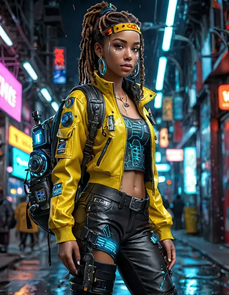 (masterpiece), (best quality), (ultra-detailed), cyberpunk:1.3, HDR fullbody shot photo of a woman, afroamerican, dreadlocks, wearing a neon cybernetic jacket and a cybernetic visor on, pistol holster, futuristic style((backpack)), futuristic clothes, neon light, led light, clothes with luminous led switches,cyber implants, mechanic's pants,((soot dirty face)), illustration, disheveled hair, detailed eyes, perfect composition, moist skin, intricate details, earrings, by wlop, cyberpunk:1.3, HDR fullbody shot photo of a woman, afroamerican, dreadlocks, wearing a neon cybernetic jacket and a cybernetic visor on, pistol holster, futuristic style((backpack)), futuristic clothes, neon light, led light, clothes with luminous led switches,cyber implants, mechanic's pants,((soot dirty face)), highly detailed, dramatic professional atmosphere, dynamic ambient, cinematic perfect, deep color, fine detail, very inspirational, appealing, pretty, attractive, smart, epic, stunning, gorgeous, intricate, amazing, artistic, beautiful, creative, positive, wonderful, elegant, confident, intense, colorful, surreal, background, glowing, vivid, brilliant, complex, cool