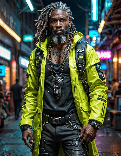 (masterpiece), (best quality), (ultra-detailed), cyberpunk:1.3, HDR fullbody shot photo of an old man, long beard, afroamerican, dreadlocks, wearing a neon cybernetic jacket and a cybernetic visor on, pistol holster, futuristic style((backpack)), futuristic clothes, neon light, led light, clothes with luminous led switches,cyber implants, mechanic's pants,((soot dirty face)), illustration, disheveled hair, detailed eyes, perfect composition, moist skin, intricate details, earrings, by wlop, cyberpunk:1.3, HDR fullbody shot photo of an old man, long beard, afroamerican, dreadlocks, wearing a neon cybernetic jacket and a cybernetic visor on, pistol holster, futuristic style((backpack)), futuristic clothes, neon light, led light, clothes with luminous led switches,cyber implants, mechanic's pants,((soot dirty face)), designed, very intricate, highly detailed, deep aesthetic, dramatic cinematic, sharp focus, ambient background, professional fine detail, color, inspired, rich colors, open dynamic, iconic, superior quality, extremely beautiful, creative, glowing, attractive, epic, best, true symmetry, clear, artistic, positive, shiny, excellent, lovely, marvelous