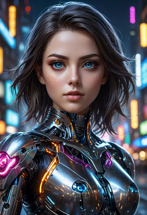 cybernetic robot breathtaking In this breathtaking world of Battle Angle at night, ral-ledlights Alita comes to life in a stunning adaptation. Running towards the viewer, she commands attention, revealing every curve and line of her lean athletic form. Her charming and determined expression. The neon lights that bathe her in a warm glow. She maintains the same cool composure that made her such an iconic character. High contrast, vibrant colors, embedding:, extremely large detailed eyes. The overall effect is a stunning image that captures the style of Chris Cold and Jason Edmiston, . android, AI, machine, metal, wires, tech, futuristic, highly detailed,