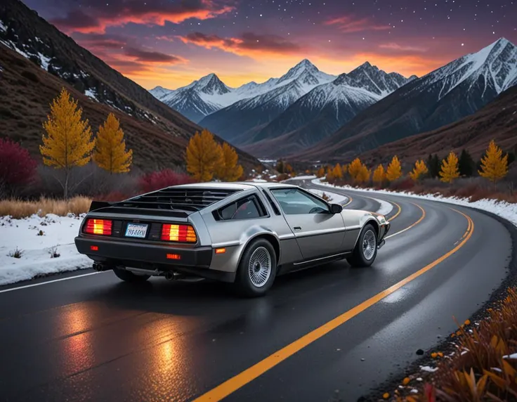 In a photorealistic style, depict a silver DeLorean driving along a mountain road at night. car from rear, dark night, Capture the highly detailed car, photo grain, against a backdrop of highly detailed snow capped majestic mountains. car headlight on, beautiful flowers and red green yellow autumn plants line the road, clear starry sky, highly reflective surface on the wet road. selective focus, impact, dark peach purple red colored sky