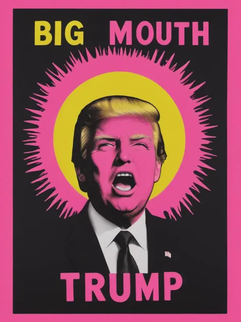 protest art style, nuclear explosion over donald trumps face, pink, yellow, black, <lora:so77-XL:1> so77 style, text ("big-mouTh")