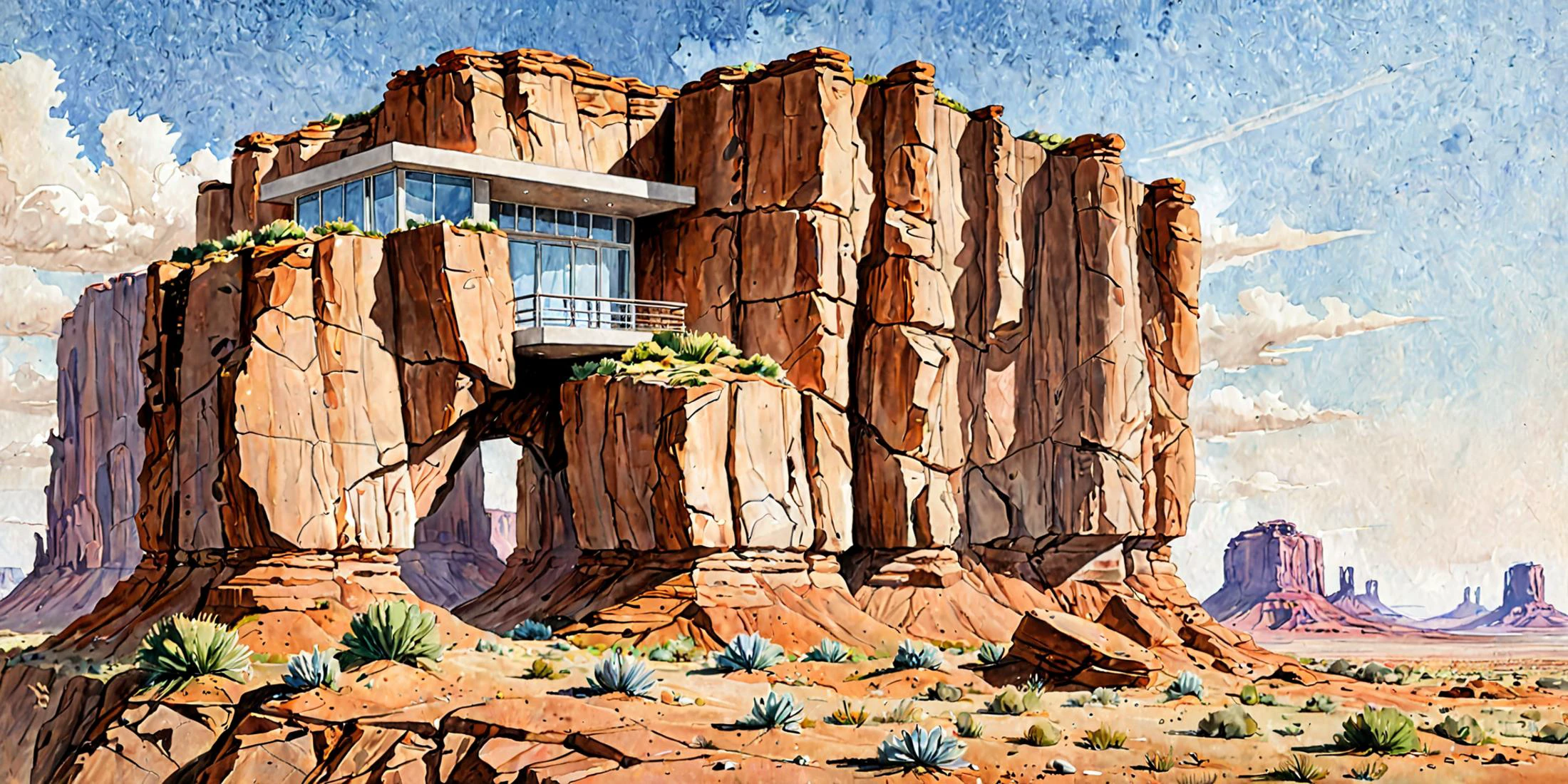 (popular science concept illustration rendered in colored pencil on paper:2), (tiny house built out of the cliff face of a Monument Valley mesa:1.3), the mesa rock is partially hollowed out and half the house is inside it), (windows out of the sheer rock face of this mesa, (color pencil on paper:1.5), (architectural sketch with colored pencil and watercolor), (built into rock and the extruded part is securely attached to the side of a sheer rock cliff face), (hundreds of feet up:1.3), showcases the architect's choice of construction techniques and design elements, ((masterpiece)), ((best quality)), ((high detail)), ((realistic)), Captivating Composition, deviantart, featured on artstation, cgsociety, (colored pencil and watercolor brush texture:1.5), (architectural concept drawing:1.5), (slab-like solid construction and heavy-duty support beams:1.5) < <lora:add-detail-xl:0.6> <lora:Style_Watercolor_and_Ink_v1_SDXL_LoRA:0.6> <lora:sketch_style:0.6>