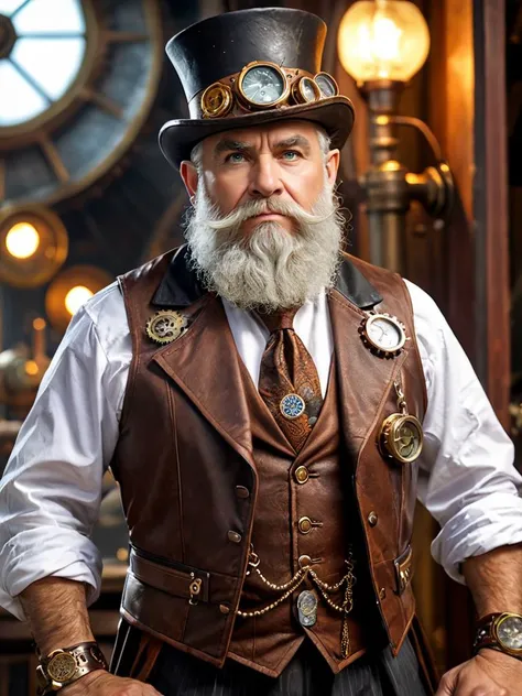 (masterpiece), (highly detailed), (steampunk style:1.9), science fiction movie scene, a grouchy old dwarf, wearing a vest, <lora:add-detail-xl:1> dynamic pose