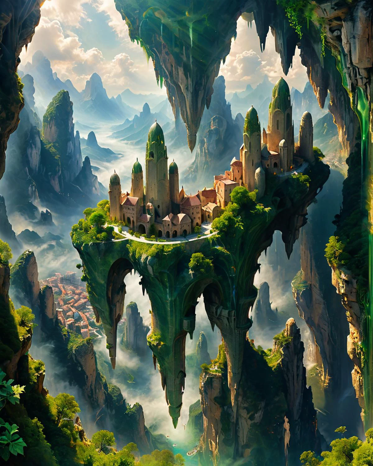 fantasy city floating in the sky, shapely green marble towers, cliffs, mountains, viewed from underneath, chiaroscuro, <lora:add-detail-xl:0.8>, <lora:xl_more_art-full_v1:0.5>, <lora:XSfenlie:1> fenliexl