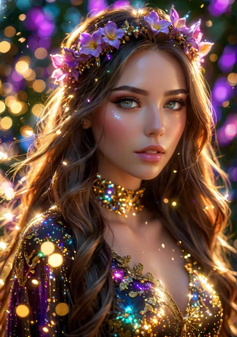 realistic photography of woman outdoors with long slightly wavy hair,wearing a turtleneck shirt, decorative flower crown in her hair,f /2.8, Canon, 85mm,cinematic, high quality,looking at the viewer ,detailed background, glowing neon particles, a dream in full bloom, floral elements, big flowers, luxury, magical realm effect, enchanting, intricate details, ultra sharp, realism<lora:more_details:0.3> <lora:glowneon_xl_v1:1>
