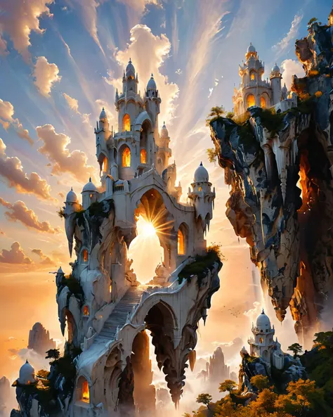 fantasy fortress on a large rock floating in the sky, shapely wavy white marble towers, viewed from the ground, golden hour, <lora:add-detail-xl:0.8>, <lora:xl_more_art-full_v1:0.5>,  <lora:XSfenlie:1> fenliexl