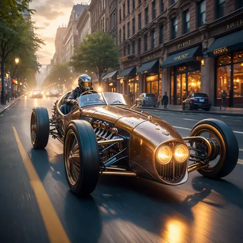 astounding,enchanting,mind boggling,8k, hdr, high details, a futuristic steampunk race car driving down a boulevard,relaxed ladydriver, glare effects, beautifully lit,ethereal glow
