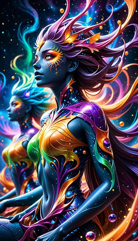 Psychedelic style nano-infused mutants, mutants with nanobots integrating into their bodies, granting extraordinary abilities, a dark nebula in the background, . Vibrant colors, swirling patterns, abstract forms, surreal, trippy