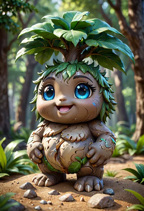 Cute earth elemental made of rock, happy, side view, looking at viewer, rock, dust, sand, tree, leaf, forest background, ((epic:1.2), realistic, trending on artstation, 3d, (high quality:1.2), (masterpiece:1.2), high details), best quality, highres