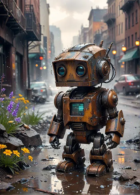 Dystopian style lonely tiny robot, rusty worn patina, hopeless forlorn expression, looking down, post-apocalypse cityscape, large piles of rubble, thick dark smoke, wet after rain storm, reflections, sunbeams, dark shadows, natural lighting, single wildflower expressing hope, bokeh,  <lora:MO-80-2:0.6> ananmo . Bleak, post-apocalyptic, somber, dramatic, highly detailed