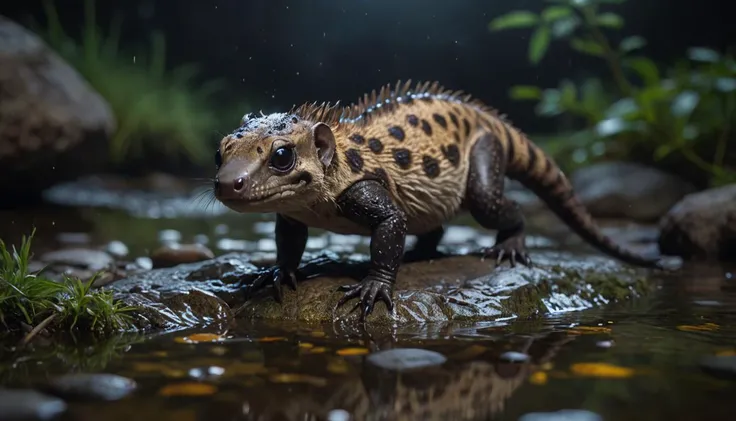 cinematic film still Hybrid between (salamander:1.2) and hyena, mixed together in a unique animal, wide shot, looking at viewer, on a rock in the middle of a stream at night, four legs, sharp focus, natural lighting,dark, fireflies, <lora:SDS_Contrast tool_XL:-1.0> . shallow depth of field, vignette, highly detailed, high budget, bokeh, cinemascope, moody, epic, gorgeous, film grain, grainy