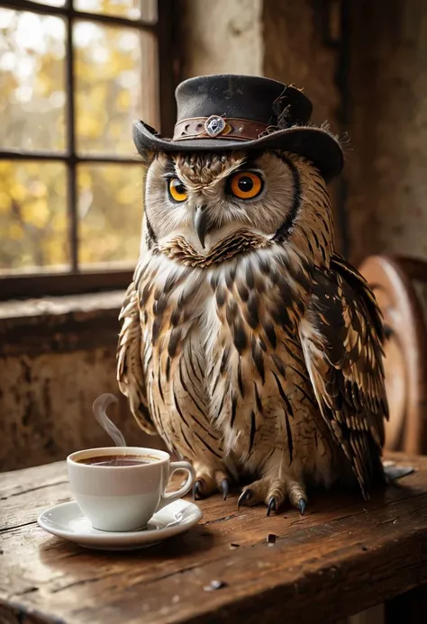 Old owl drinking 1 cup of coffee