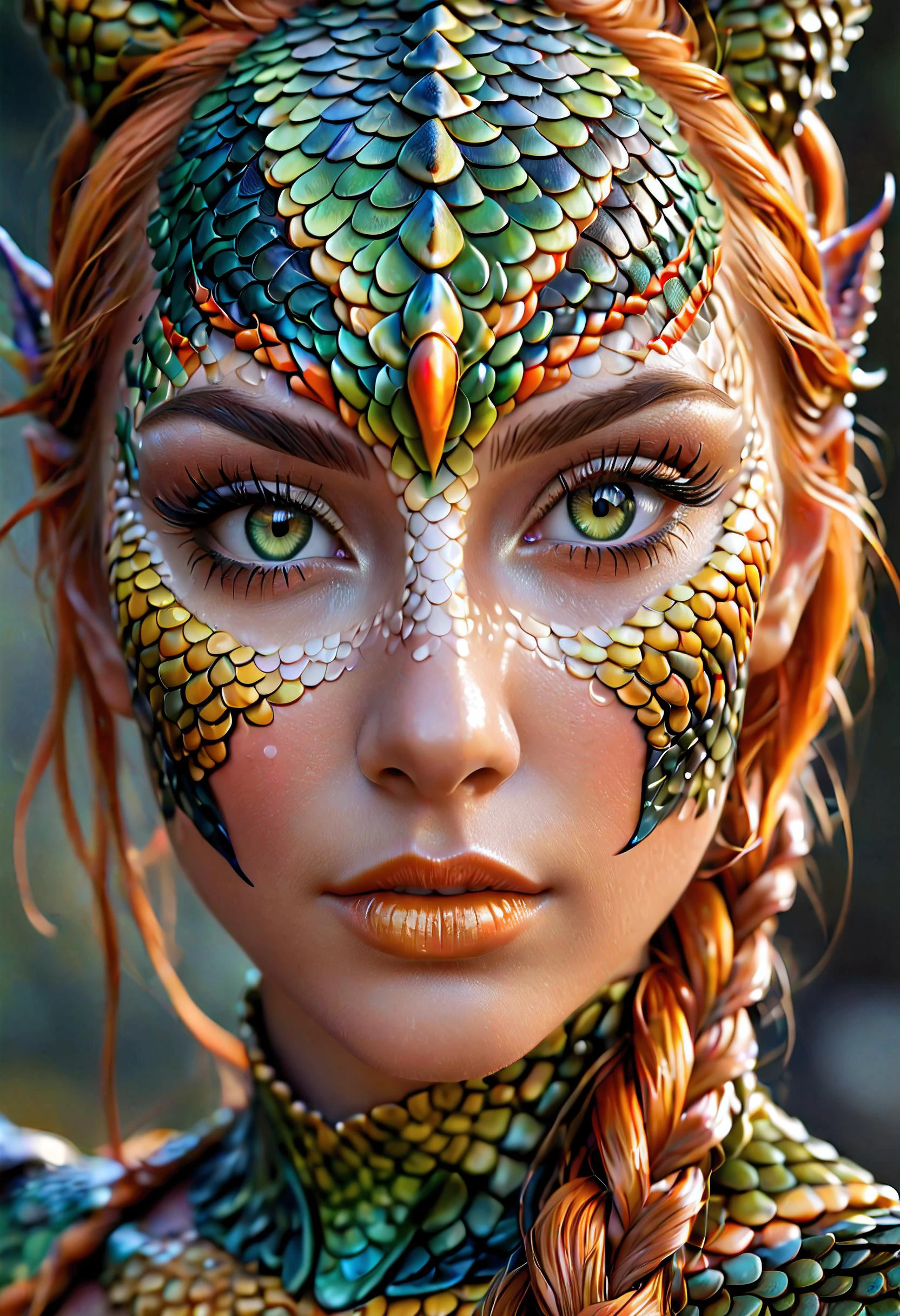 breathtaking This stunning young woman, human dragon hybrid, extreme close-up, covered in green multicolored matte scales as skin, striking orange yellow reptilian eyes, dragon horns. Despite being bald except a braided auburn pony tail, she exudes confidence and strength, her expression conveying a sense of power and determination. dvrscls,style of Don Lawrence, style of (Will Murai:1.2), style of (Greg Rutkowski:0.8), <lora:dvrscls:0.5>, . award-winning, professional, highly detailed