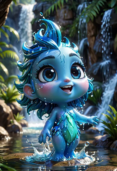 Cute adult water elemental made of pure liquid water, happy, side view, looking at viewer, fluid, runny, wet, blue, waterfall background, (pixar style, (epic:1.2), realistic, trending on artstation, 3d, (high quality:1.2), (masterpiece:1.2), high details), best quality, highres