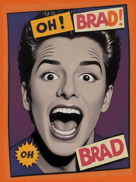 <lora:so77-XL:1> text "oh brad", the screamer, pop art by jamie reid, halftone shading,