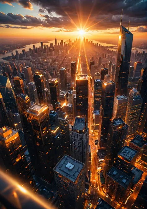 hyperdetailed photography, masterpiece, Beautiful, moody, atmospheric, sunset golden hour. A city viewed from the top of a skyscraper. Surreal Harmony <lora:more_details:0.3>