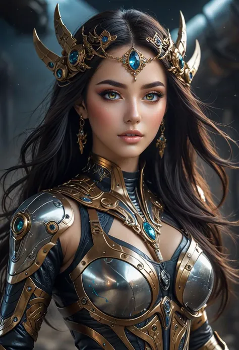 Space-themed cyber-occultism style mesmerizing Asian woman, mechanical eye, implants, mechanical arms, full intricate leather armor, showcasing her lithe form and long hair while emphasizing her athletic figure. The lighting captures the essence of her commanding presence in an epic battle in an alien landscape at night, . Cosmic, celestial, stars, galaxies, nebulas, planets, science fiction, highly detailed