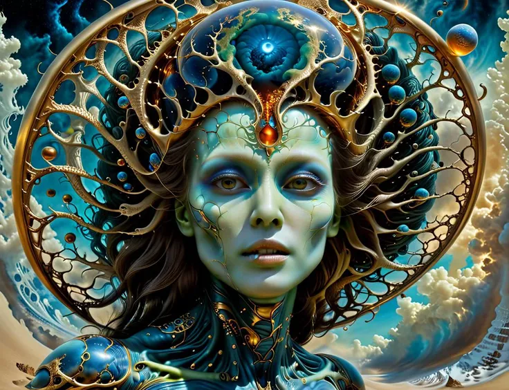 professional 3d model Scream,
photorealistic portrait Close-up of Momoko Okazaki as an extraterrestrial anthropomorphic alien in Venus form, captured mid-motion painting itself, fusion of Greg Rutkowski's fantasy style, H.R. Giger's bio-mechanical aesthetics, Beeple's abstract digital techniques, and ZdzisÅaw BeksiÅski's dystopian surrealism, vigorous yet blurred brush strokes, highly saturated colors, dynaimc sharp focus, dramatic lighting, crafting a serene atmosphere against a vast and unsettling backdrop, infused with "Mantra <lora:Spiral_Effect_Overlay_-_By_DICE:0.8> Spiral Effect <lora:hyperkraximalism:0.8> hyperkraximalism . octane render, highly detailed, volumetric, dramatic lighting
