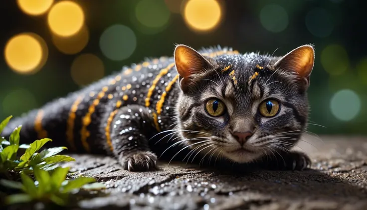 Hybrid between cat and (salamander) mixed together in a unique animal, focus head, bokeh, head lit,