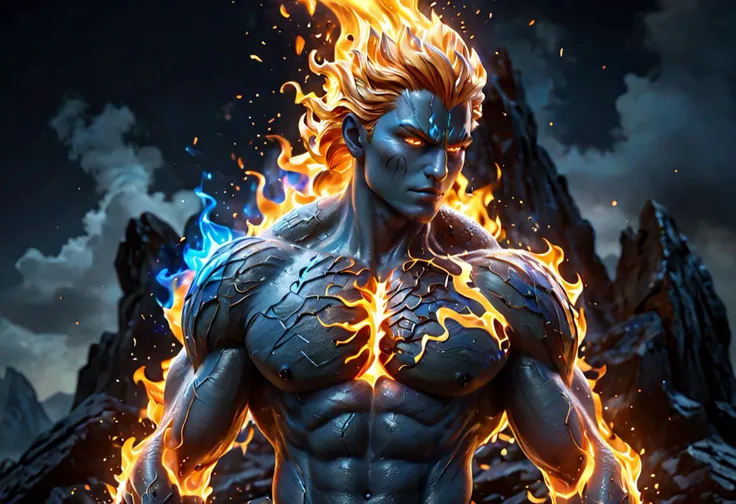 human Fire elemental made of pure fire and lava, fire, ardent, burning, fiery, volcano background, red and blue fire, (pixar style, (epic:1.2), realistic, trending on artstation, 3d, (high quality:1.2), (masterpiece:1.2), high details, incredibly absurdres), best quality, highres