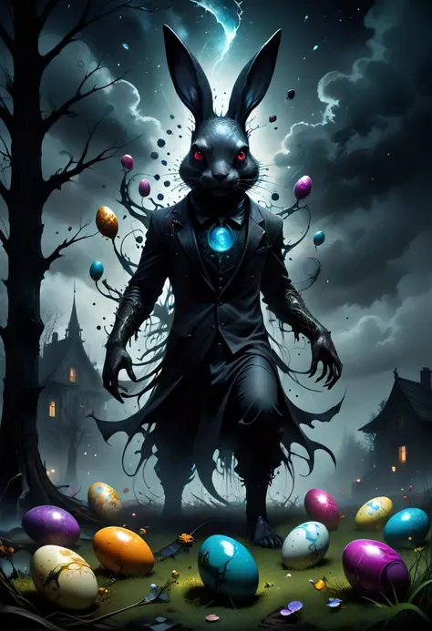 lovecraftian horror tim burton style easter bunny, on a lawn with easter eggs at night, night sky, eerie, moody lighting, ominous clouds swirling unnaturally, <lora:DarkGrimFantasyXL:0.8> drkms, . eldritch, cosmic horror, unknown, mysterious, surreal, highly detailed