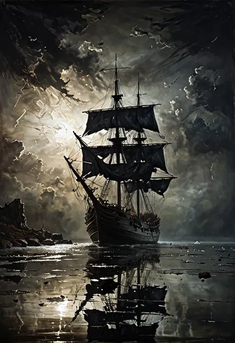 haunted sailing ship, The Flying Dutchman, water, reflections, chiaroscuro, <lora:xl_more_art-full_v1:0.5>, <lora:add-detail-xl:0.75>, <lora:NicolaSamori:0.8> in the style of Nicola Samori