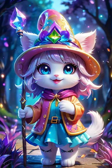 2D, cartoon anime drawing, anthropomorphic, vibrant, kawaii cat, wearing a magical hat, holding a wand, surreal background