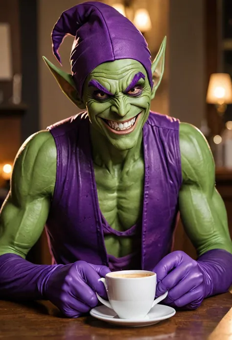green goblin from spider-man comics drinking 1 cup of coffee, creepy smile, creepy, purple pixie hat, purple tank top, purple gloves