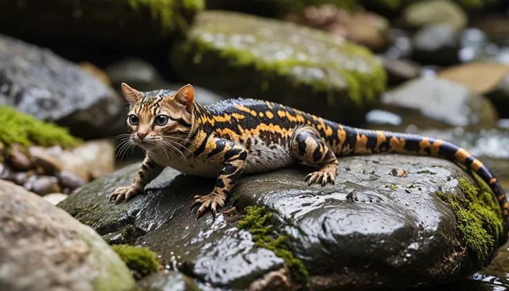 Hybrid between cat and (salamander:1.2) mixed together in a unique animal, wide shot, on a rock in the middle of a stream, sharp focus, natural lighting,