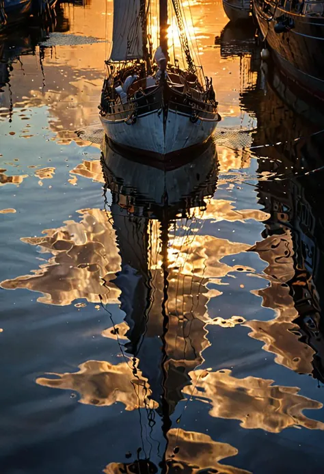 sailing ship, water, reflections, <lora:MercuryXLv2:.5> Mercury, chiaroscuro, <lora:xl_more_art-full_v1:0.5>, <lora:add-detail-xl:0.75>