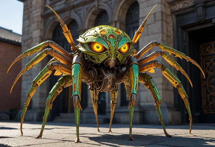 Grunge style Marvel at the sight of a large, sleek, organic-mechanical entity blending harmoniously with geometric patterns. Radiating with pulsating sigils while ascending a weathered stone edifice, extremely high detailed dimly glowing orange insectoid compound eyes, titanium mandibles, featuring a hexapod with six legs, versatile multi-jointed jointed limbs, clad in dimly glowing lime green and yellow neon scales of lustrous metal, . Textured, distressed, vintage, edgy, punk rock vibe, dirty, noisy