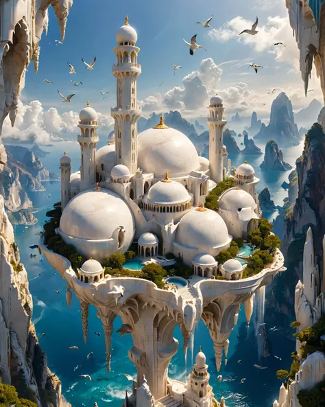 floating fantasy city, shapely white marble towers, reminiscent of the Taj Mahal, ocean, seabirds, mountains, viewed from below, <lora:add-detail-xl:0.8>, <lora:xl_more_art-full_v1:0.5>, <lora:XSfenlie:1> fenliexl