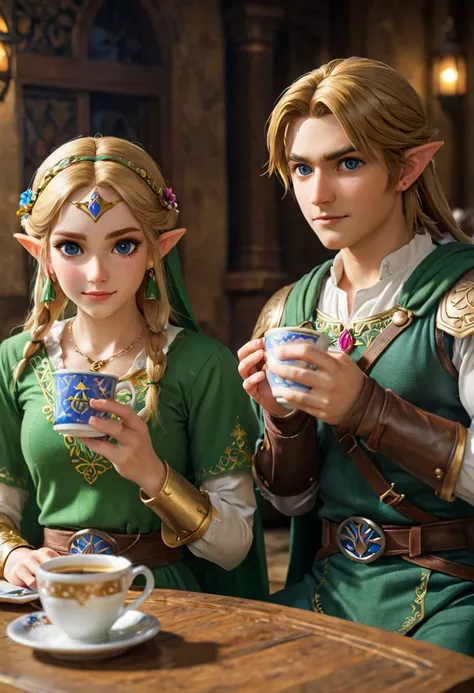 Link and zelda drinking a 1 cup of coffee, hyrule