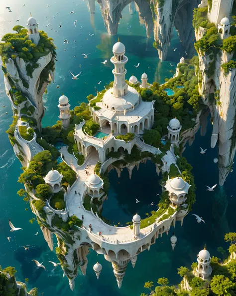 floating fantasy city, shapely white marble towers, reminiscent of the Taj Mahal, green vegetation, ocean, seabirds, <lora:add-detail-xl:0.8>, <lora:xl_more_art-full_v1:0.5>,  <lora:XSfenlie:1> fenliexl