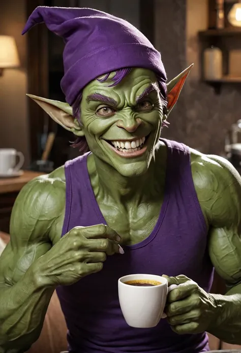 green goblin from spider-man comics drinking 1 cup of coffee, creepy smile, creepy, purple pointed hat, purple tank top