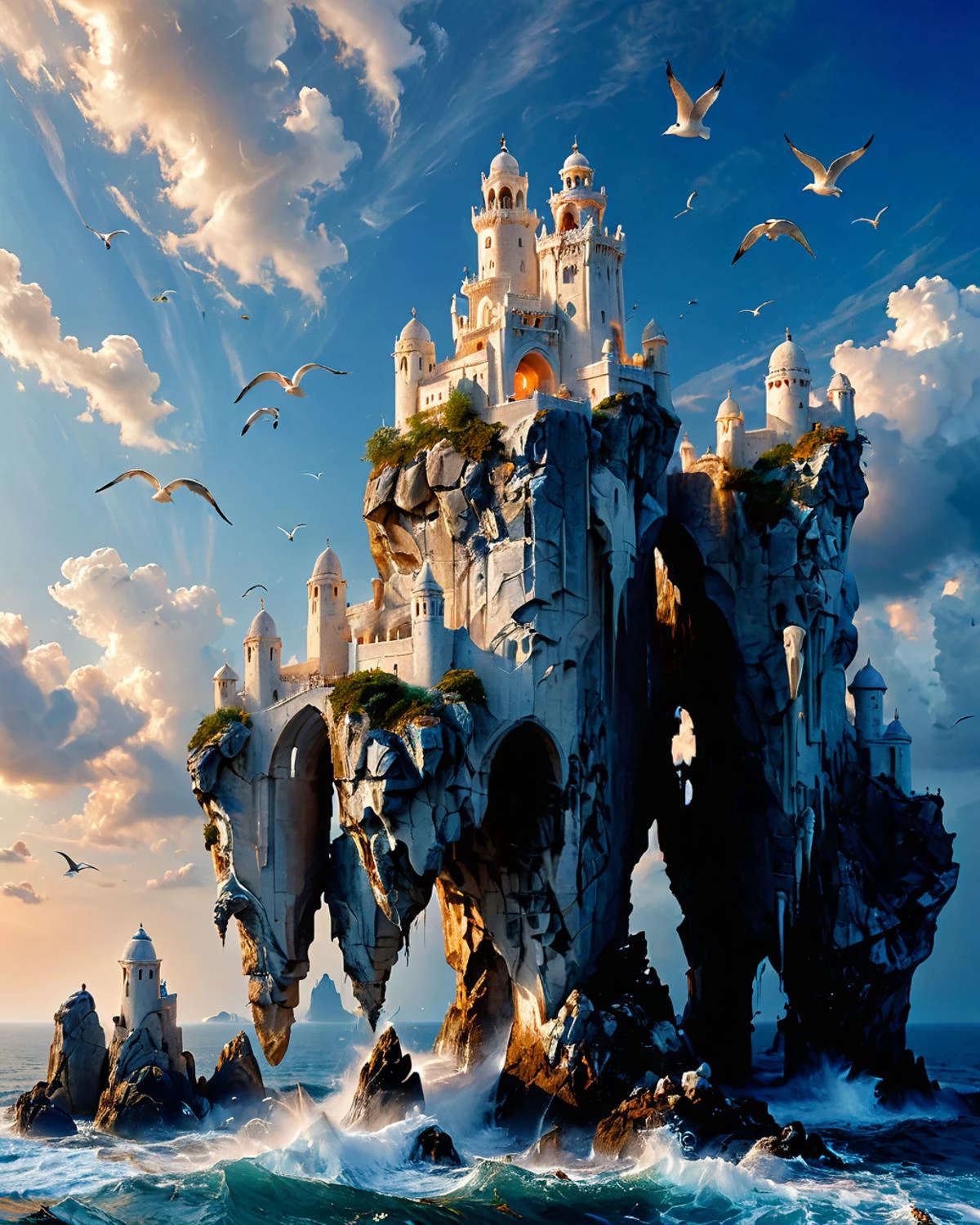 fantasy fortress on a large rock floating in the sky, shapely wavy white marble towers, viewed from the ground, ocean, seabirds, blue hour, <lora:add-detail-xl:0.8>, <lora:xl_more_art-full_v1:0.5>, <lora:XSfenlie:1> fenliexl