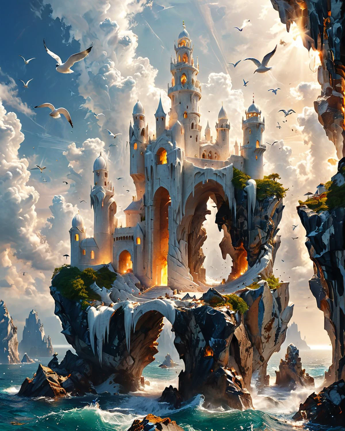 fantasy fortress on a large rock floating in the sky, shapely wavy white marble towers, viewed from the ground, ocean, seabirds, volumetric lighting, <lora:add-detail-xl:0.8>, <lora:xl_more_art-full_v1:0.5>, <lora:XSfenlie:1> fenliexl