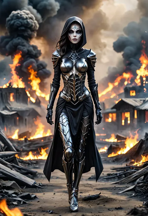 breathtaking macabre style cybernetic vigilante female, walking towards viewer and walking away from an alien village, smoldering fires in the distance, . dark, gothic, grim, haunting, highly detailed, . award-winning, professional, highly detailed