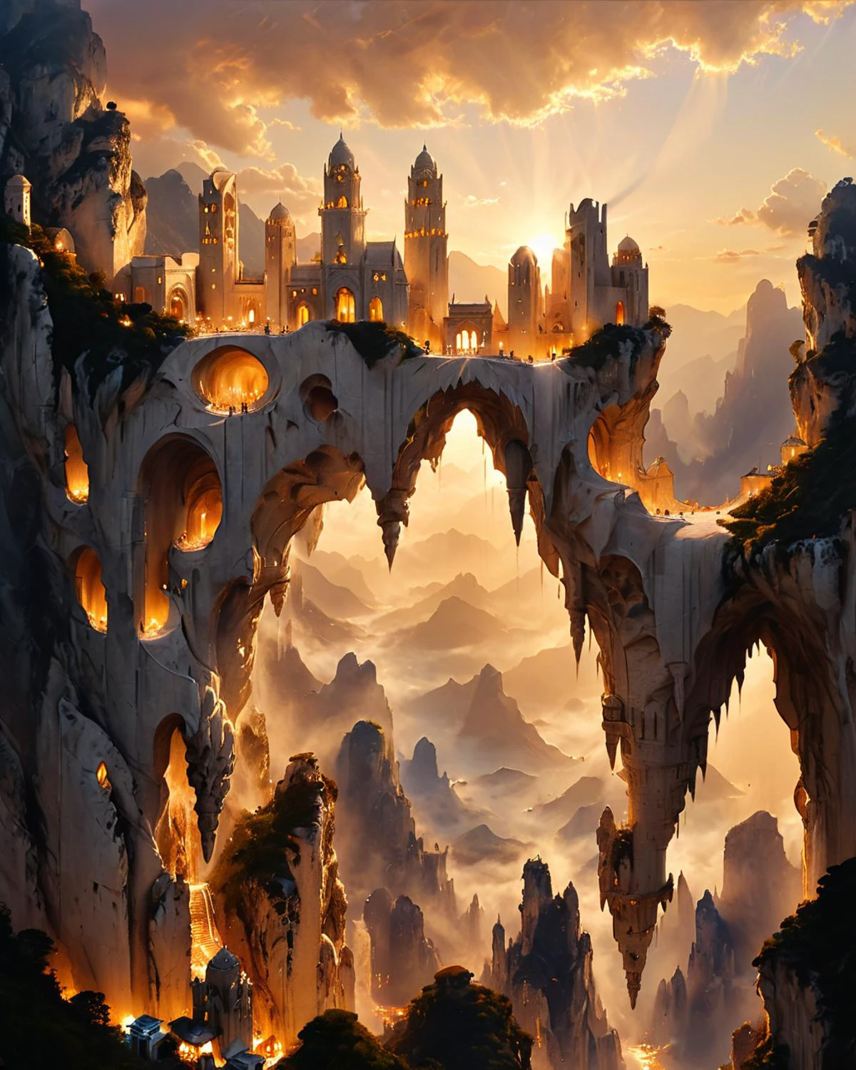 fantasy city floating in the sky, shapely white marble towers, cliffs, mountains, viewed from underneath, chiaroscuro, golden hour, <lora:add-detail-xl:0.8>, <lora:xl_more_art-full_v1:0.5>, <lora:XSfenlie:1> fenliexl