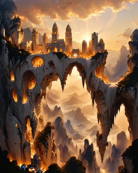 fantasy city floating in the sky, shapely white marble towers, cliffs, mountains, viewed from underneath, chiaroscuro, golden hour, <lora:add-detail-xl:0.8>, <lora:xl_more_art-full_v1:0.5>,  <lora:XSfenlie:1> fenliexl