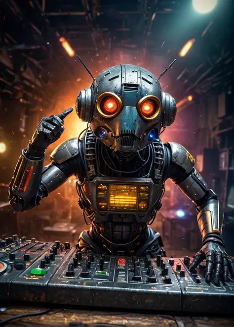 Grunge style a ((Roland) TR808) drum-bot playing the nightclubs of planet (TB-303 Bass-line), (dramatic scene:1.2), dynamic angle, award winning artwork by Melvyn Grant,Henry Richard van Dongen,Franco Brambilla, science fiction themed, future scifi, ultra-HD-details, . Textured, distressed, vintage, edgy, punk rock vibe, dirty, noisy