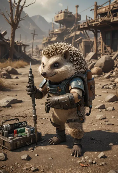 photography,fallout atmosphere,(hedgehog Medic),Crew cut,Powered Armor,Needle syringe,distant tribe,8K texture,NVIDIA OptiX,