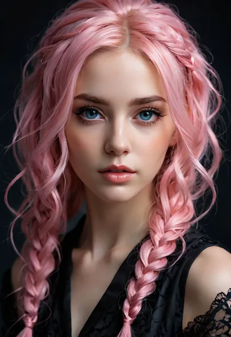 A hauntingly beautiful portrait of a young girl, 22 years old, dutch angle, her delicate features are framed by a tangle of intricately braided pink hair, drawing the viewer into her captivating gaze, wearing black, she seems to melt into the shadows that surround her, there's a certain luminosity about her - inner glow, subtle yet vibrant colors creates an ethereal atmosphere that's both mesmerizing and unsettling, dramatic lighting effects, perfectly captures the essence of modern goth culture, showcasing its blend of elegance and mystery and macabre styles, style of Anato Finnstark,