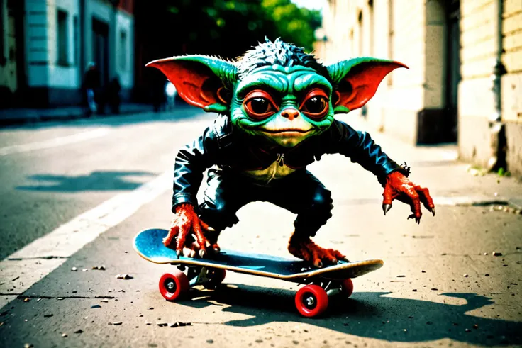Leica portrait of a gremlin skateboarding, sparse and simple, UHD image, urbancore, sovietwave, period snapshot