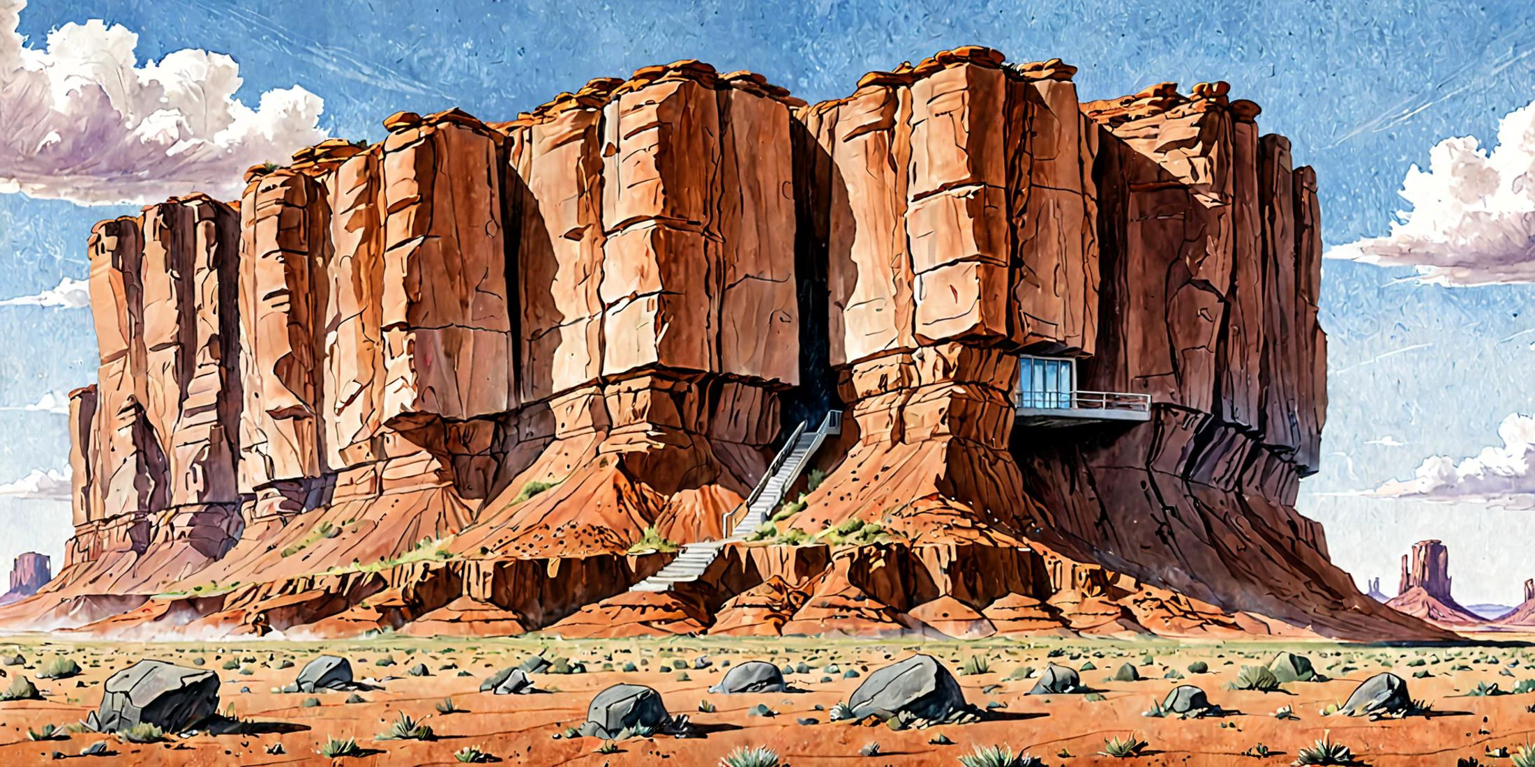 (popular science concept illustration rendered in colored pencil on paper:2), (tiny house built out of the cliff face of a Monument Valley mesa:1.3), the mesa rock is partially hollowed out and half the house is inside it), (windows out of the sheer rock face of this mesa, (color pencil on paper:1.5), (architectural sketch with colored pencil and watercolor), (built into rock and the extruded part is securely attached to the side of a sheer rock cliff face), (hundreds of feet up:1.3), showcases the architect's choice of construction techniques and design elements, ((masterpiece)), ((best quality)), ((high detail)), ((realistic)), Captivating Composition, deviantart, featured on artstation, cgsociety, (colored pencil and watercolor brush texture:1.5), (architectural concept drawing:1.5), (slab-like solid construction and heavy-duty support beams:1.5) < <lora:add-detail-xl:0.6> <lora:Style_Watercolor_and_Ink_v1_SDXL_LoRA:0.6> <lora:sketch_style:0.6>